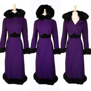 Vintage 70s Gothic Medieval Purple Wool Black Shearling Hooded Long Coat